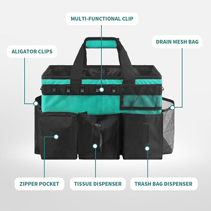 Cleaning Bags for Housekeepers, Large Cleaning Supplies Organizer with Handles & Shoulder Strap, Cleaning Caddy Bag with Foldable Divider for Cleaners, Car Horse Cleaning Bag (Green)