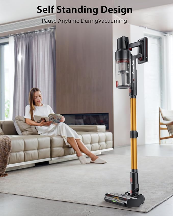 Cordless Vacuum Cleaner, 75Mins/48KPa/600W Self-Standing Stick Vacuum Cleaners for Home, Rechargeable, Lightweight, Anti-Static&Anti-Tangle Brush, for Hard Floor, Carpet, Hardwoods, Pet Hair