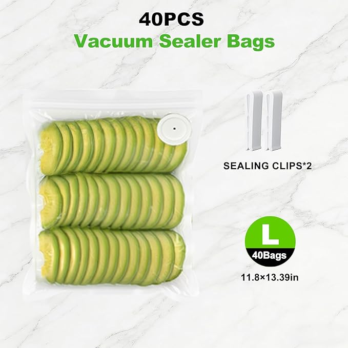 Vacuum Sealer For Food and Vacuum Sealer Bags Large（11.8×13.4in), 40 Reusable Vacuum Sealer Bags for Food and 2 Seal Clips for 10X Preservation & Fresh (Not Contain Vacuum Sealer)-Large Bags