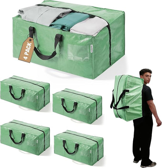 WORKPRO 4 Pack Extra Large Moving Bags with Zippers & Carrying Handles Backpack Straps, Heavy-Duty Storage Tote for Space Saving & Storage, Alternative to Moving Box (Green)