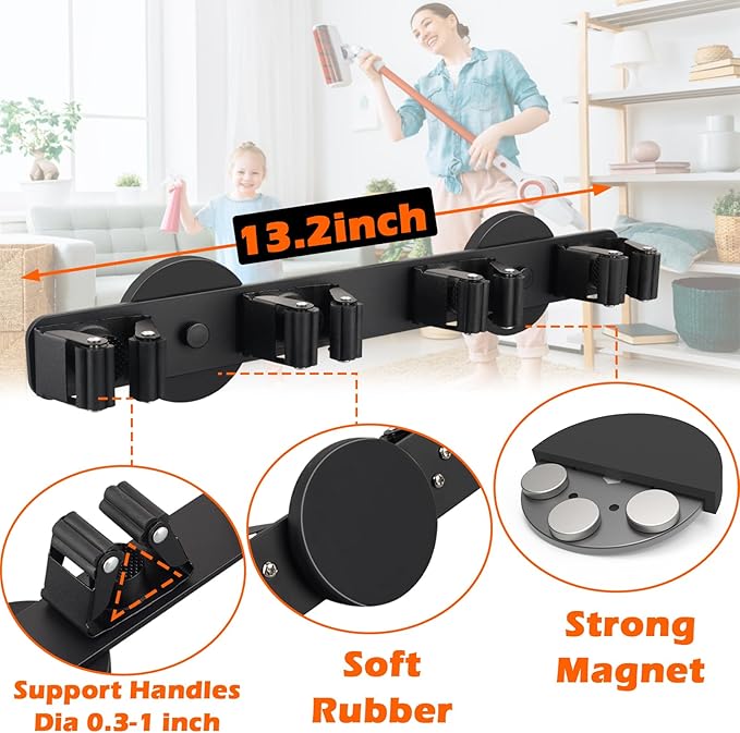 Heavy Duty Magnetic Broom Holder, Strong Magnetic Mop Hanger for Refrigerators, Powerful Magnet Wall Mount Broom Rack, Anti-slip Mop Storage Utility Rack for Kitchen, Home, Laundry, Garage