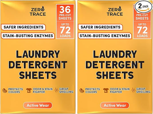 Zero Trace Laundry Detergent Sheets - Formulated for Sweat and Workout Clothes- Plastic Free Eco-friendly (Active Wear 144 Loads)
