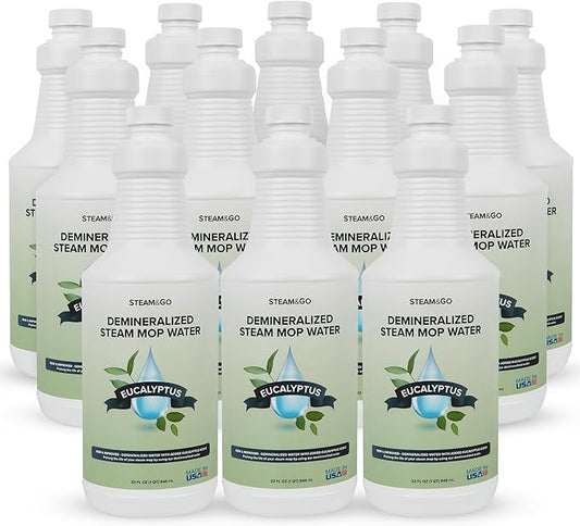 Steam and Go Demineralized Water - Multi-Surface Cleaning Solution for Steam Mop, Ready-to-Use Floor Cleaner, Ideal for Home & Office, Compatible w/Any Steam Mop - Eucalyptus Mint, 32oz, Pack of 12