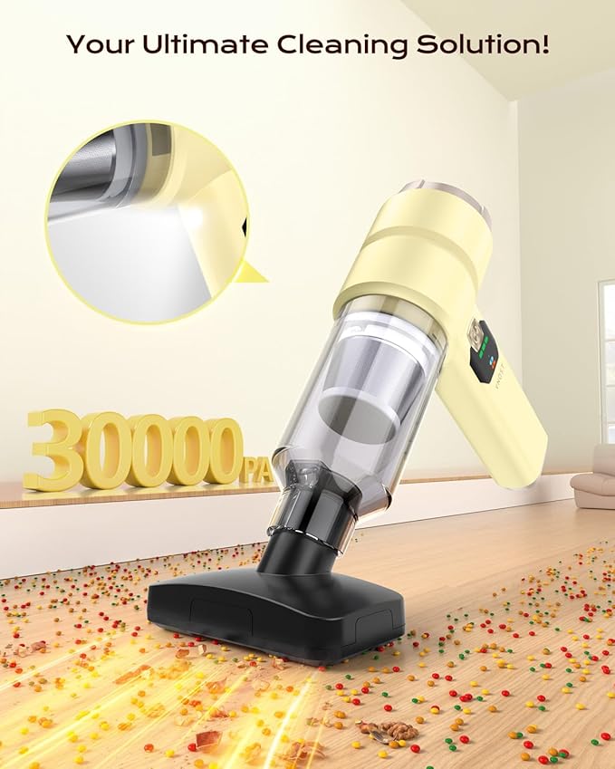 Portable Cordless Car Vacuum,4-in-1Handheld Cordless Vacuum with 30000Pa Suction,130000RPM,6800mAh Battery,10Nozzles,Rubber Paint Material for Car,Home,Birthday Gifts for Men Dad Husband(cream yellow)