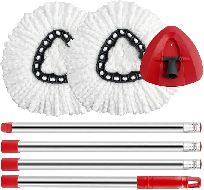 Spin Mop Replace Head, Base, Handle Compatible with O Cedar EasyWring Microfiber Spin Mop, 2 Mop Refills Replacement Heads, 30-58in Mop Handle and 1 Mop Base Combo Set (White (1-Tank System))