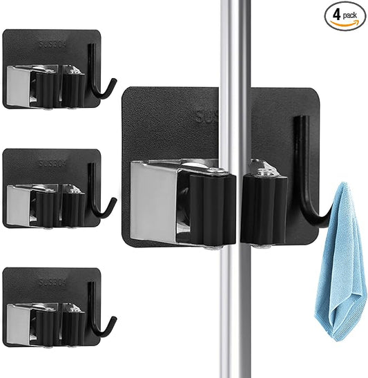 Mop Broom Holder Wall Mount, Stainless Steel, Rust Resistant, Heavy Duty, No Drill,Self-adhesive Broom Holder Wall Mount with Hooks 4Pcs for Bathroom, Kitchen, Garage, Black