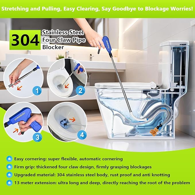 Toilet Drain Cleaner & Drain Snake - Toilet Drainage, Equipped with Flexible Grabbing Claw, Special Tool for Quick Cleaning, Reusable Bathroom Drain Cleaner, Prevents Damage to Inner Walls