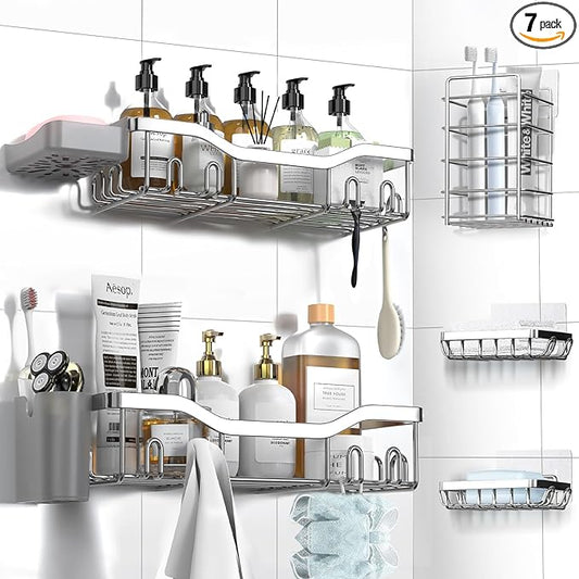 Shower Caddy Adhesive Shower Organizer 7-Pack, Rustproof Stainless Steel Bathroom Shelves, Large Capacity No-Drill Rack Storage Accessories with Soap Dish Toothbrush Holder Hooks
