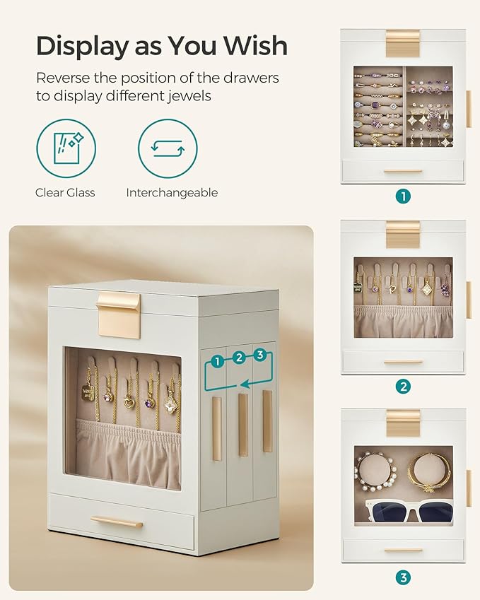 SONGMICS Jewelry Box with Glass Window, 5-Layer Jewelry Organizer with 3 Side Drawers, Jewelry Storage, with Big Mirror, Modern, 5.1 x 7.9 x 9.7 Inches, Cloud White and Metallic Gold UJBC172W01