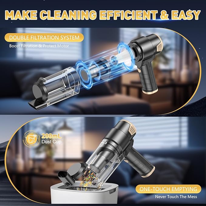 KMM Handheld Car Vacuum Cleaner, 16000PA Air Duster & Vacuum Cleaner, 120W High Power Hand Held Vacuum Cordless, Portable Vacuum Rechargeable with Multi-Nozzles & LED Light for Car, Home, Pet, Office