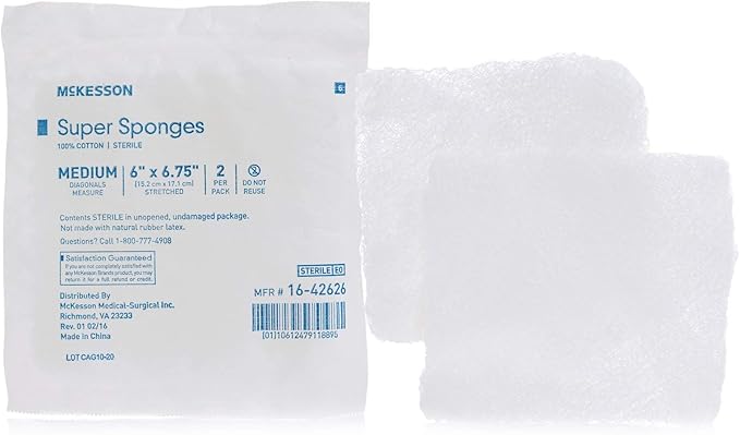 McKesson Super Sponges, Sterile, 100% Cotton, Fluff Dressing, 6 in x 6 3/4 in, 2 per Pack, 20 Packs, 40 Total
