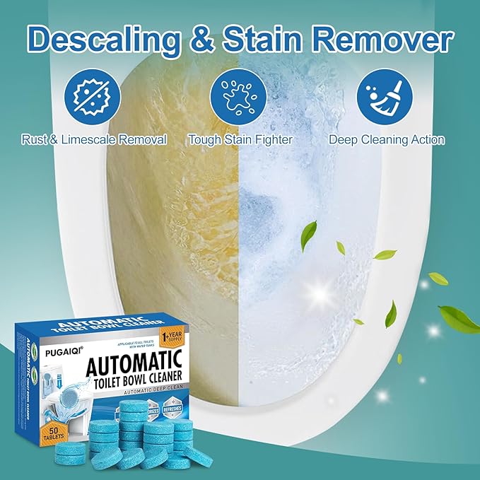 Automatic Toilet Bowl Cleaner Tablets,Blue toilet seat, Descale & Deodorize, Septic-Safe, Continuous Cleaning, Fresh Scent, Drop-In Tank Cleaner effective to use Works with Toilets 50 Pack