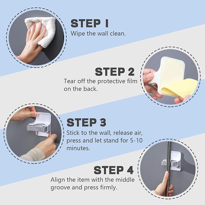 4 Pack Mop and Broom Holder Wall Mount, Self Adhesive Broom Hanger, Mop Gripper Organizer Broom Clips for Hanging Home Garage Garden Laundry Room Storage (White) (4)