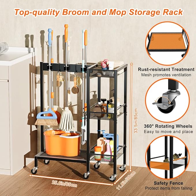 Broom and Mop Holder with Cleaning Supplies Organizer, Narrow Cleaning Cart with Cleaning Caddy, 25.6"W Medium Cleaning Rack with Grippers Rack Hooks for Housekeeping Laundry Room Organization