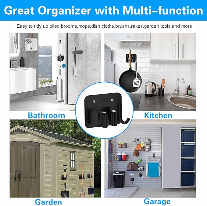 5 Pack Mop Broom Holder Wall Mount Screw Drilling, Stainless Steel Heavy Duty Organizer Hanger Tool Rack for Bathroom Kitchen Garage Laundry Office, Black