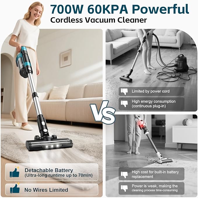 Cordless Vacuum Cleaner with 2 * 4000mAh Batteries, 700W 60Kpa Vacuum Cleaners for Home, 6 in 1 Cordless Stick Vacuum Clearner, Brushless Motor with Led Display for Hard Floors Carpet Pet Hair