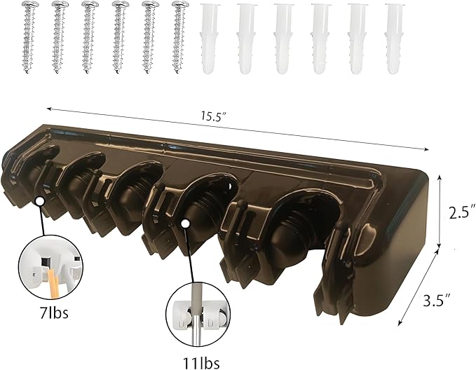C-CHAIN Mop and Broom Holder, 5 Position with 6 Hooks Garage Storage Holds up to 11 Tools, Multipurpose Wall Mounted Tool Rack Organizer for Kitchen Garage, Shiny Black