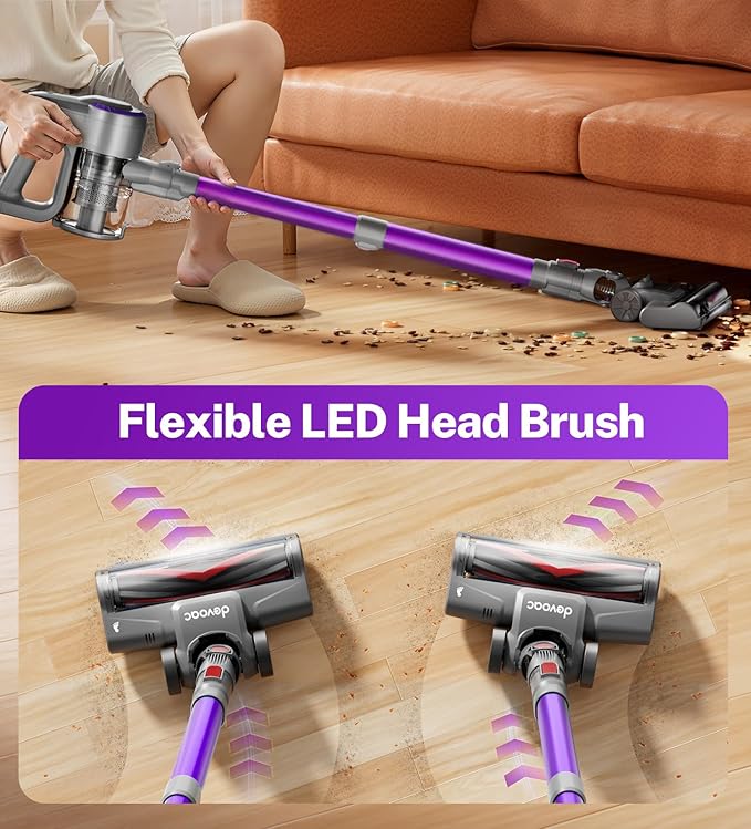 DEVOAC N300 Cordless Vacuum Cleaner, 6 in 1 Lightweight Stick Vacuum, 2200mAh Battery Up to 40mins Runtime, Powerful Handheld Vacuum for Hard Floor Rug Pet Hair Home Dorm (Purple)