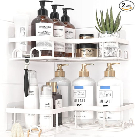 Corner Shower Caddy - 2 Pack, Adhesive Shower Organizers, Rustproof Stainless Steel Shower Shelves with 8 Hooks, No Drilling Bathroom Organizers and Storage Racks, Space-Saving, White, Medium
