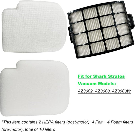 Dttery AZ3002 Filter Kit Replacement for Shark Stratos DuoClean PowerFins HairPro Powered Lift-Away Upright Vacuum Cleaner AZ3002 AZ3000 AZ3000W, 4 Foam, 4 Felt, 2 HEPA