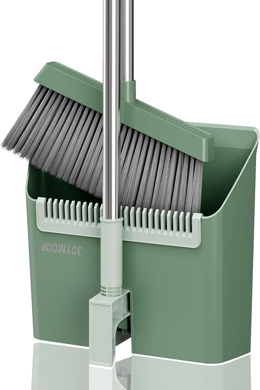 JOYMOOP Dark Teal Green Broom and Dustpan Set, Upright Angle with Built-in Comb Teeth, Ideal for Home, Office, Hardwood, Pet Hair