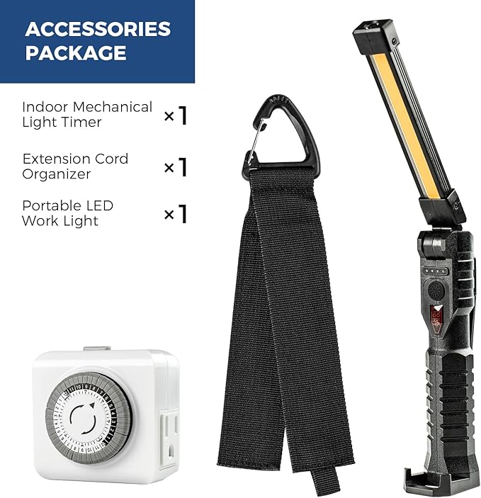 ALORAIR Accessories Package, Indoor Mechanical Light Timer+ Portable LED Work Light + Extension Cord Organizer