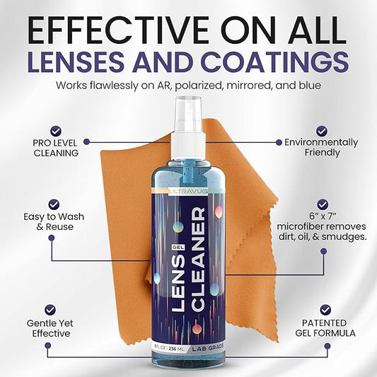 Eyeglass Gel Lens Cleaner Spray Kit - 2 x 8oz and 1 x 2oz Gel Eyeglasses Cleaner Spray Bottle + 2 Microfiber Cloth for Cleaning - Safe for All Lenses (AR Coated Included)