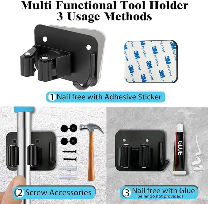 Mop and Broom Holder Wall Mount Stainless Steel 304 Tool Garage Organization Command Rack Screw and Self Adhesive 3m Broom Hanger Heavy Duty 4pcs (4pcs，black), TBJ001