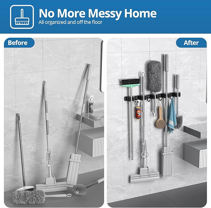 2 Pack Mop and Broom Holder Wall Mount, 5 Racks and 4 Hooks Broom Organizer Storage Garage Tool Racks Wall Mounted Mop Hanger for Home Kitchen Garden Laundry (Black)