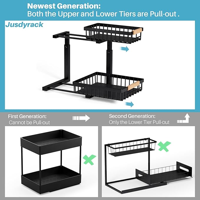 1 Packs 2 Tier Pull Out Cabinet Organizer Storage Shelf, Sliding Under Sink Organizers, Metal Drawer for Kitchen, Bathroom, Pantry Closet Organization Rack,Black