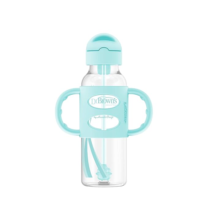 Dr. Brown's Milestones Narrow Sippy Straw Bottle, Spill-Proof with 100% Silicone Handles and Weighted Straw, 8 oz/250 mL, Gray/Green, 6m+