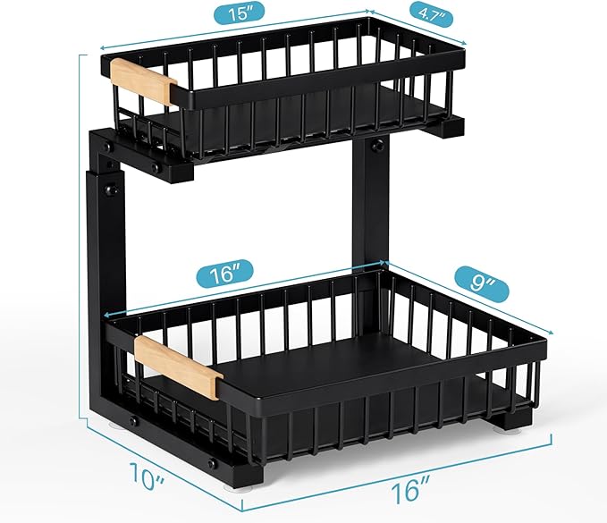 1 Packs 2 Tier Pull Out Cabinet Organizer Storage Shelf, Sliding Under Sink Organizers, Metal Drawer for Kitchen, Bathroom, Pantry Closet Organization Rack,Black