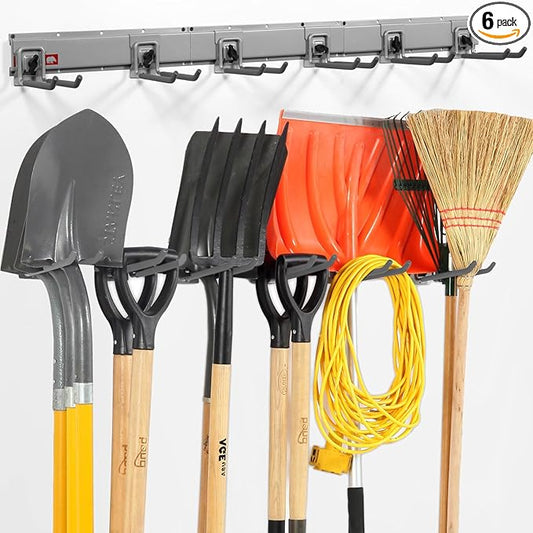 Garage Organization Wall Mount, 48inch Garden Tool Organizer with 6 Clamping Hooks, Heavy Duty, Garage Hanging Storage Rack for Yard Tools, Shovel, Shed, Hold Up to 420lbs (48Inch Grey)