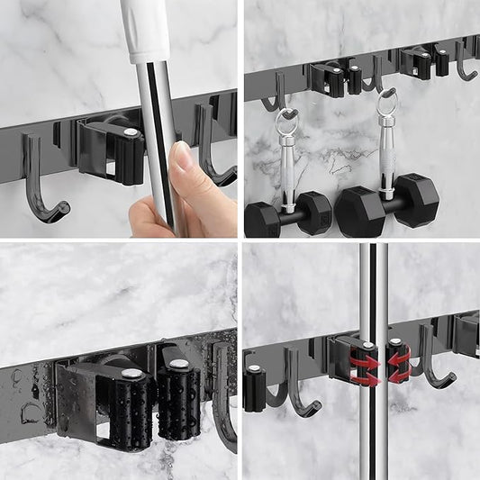 5 Racks and 4 Hooks Mop and Broom Holder Wall Mount, SUS304 Heavy Duty Broom Organizer Storage Tool Racks, Self Adhesive Solid Non-slip Tool Hangers for Home Kitchen Garden Laundry Garage