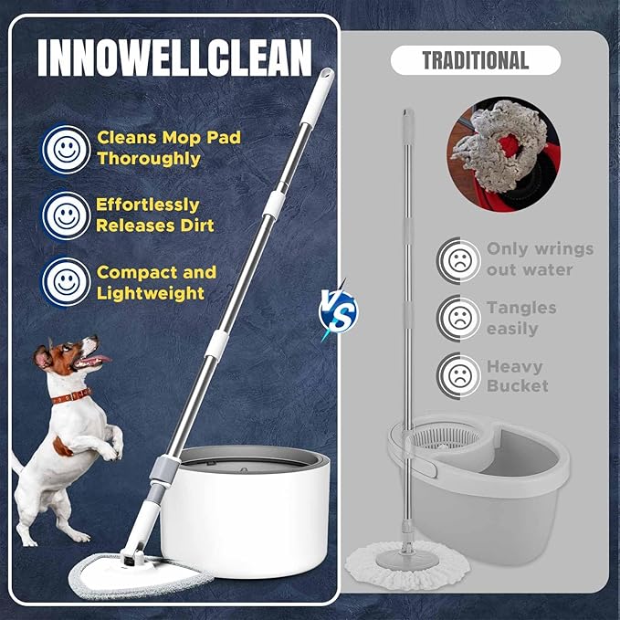 VENETIO Innowellclean Water Filtration Triangle Spin Mop and Bucket Set for Floor Cleaning - Self Wringing/Dry/Wet All-in-One Microfiber Mop System for Home Hardwood, Laminate, Tile (2 Pads)