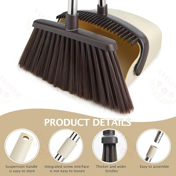 Broom and Dustpan Set with Long Handle, Heavy Dust Broom and Dustpan Combo for Home，Kitchen, Office, Pet Hair(Beige)