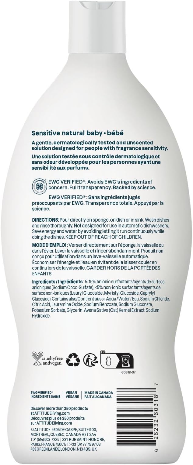 ATTITUDE Baby Dish Soap for Sensitive Skin with Oatmeal, Plant and Mineral-Based Ingredients, Vegan Household Products, Unscented, 23.6 Fl Oz