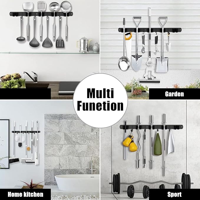 Mop Broom Holder Wall Mount, Black Stainless Steel Tool Storage Organizer with 5 Slots 6 Hooks for Home Kitchen Garden,Broom Storage Tool Organizer for Garage Closet Laundry