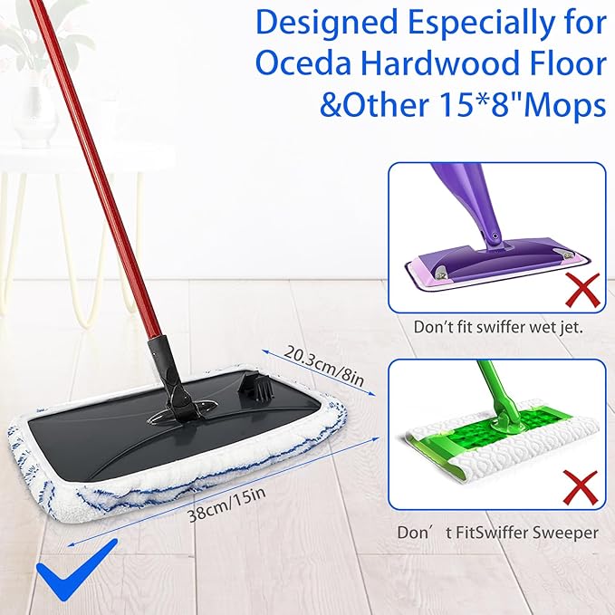 6 Pack Microfiber Mop Pads Covers Replacement Compatible with Oceda,Terry Cloth Mop Refills 15x8 Inch Pads for Wet Dry Hardwood Floor Cleaning, Washable & Reusable Mopping Pads