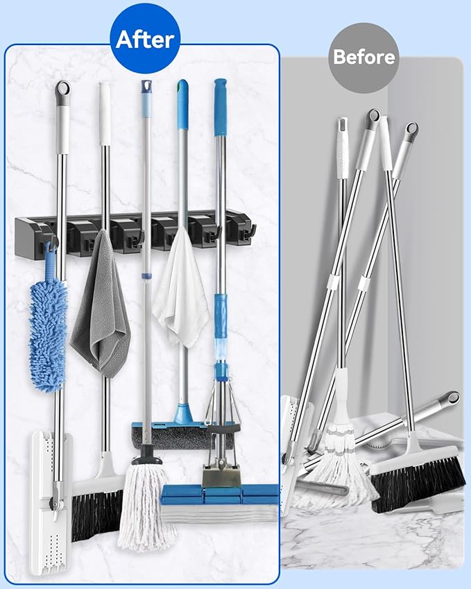AceMining Broom Holder Wall Mounted, 5 Holders and 6 Hooks Mop Holder, ABS Plastic Brush Holder, Thick and Durable Mop and Broom Holder, Broom Storage, Broom Hook, Mop Wall Holder Black