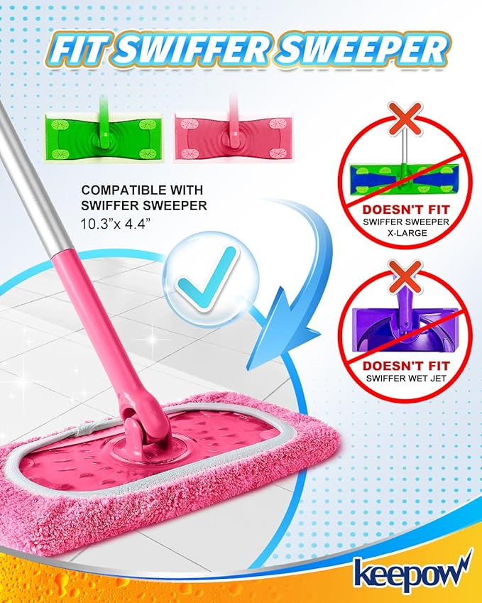Keepow 8 Pack Reusable Mop Pads Compatible with Swiffer Sweeper, Coral Fleece Washable Swiffer Mop Pads, Dry & Wet Sweeping Mopping Cloths (Pink, Not Included Mop)