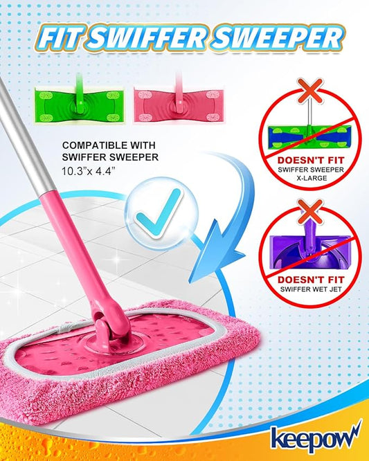 Keepow 8 Pack Reusable Mop Pads Compatible with Swiffer Sweeper, Coral Fleece Washable Swiffer Mop Pads, Dry & Wet Sweeping Mopping Cloths (Pink, Not Included Mop)