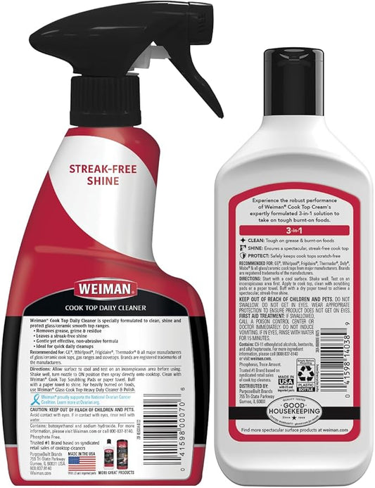 Weiman Ceramic and Glass Cooktop - 10 Ounce - Stove Top Daily Cleaner Kit - 12 Ounce - Glass Induction Cooktop Cleaning Bundle for Heavy Duty Mess Cleans Burnt-on Food
