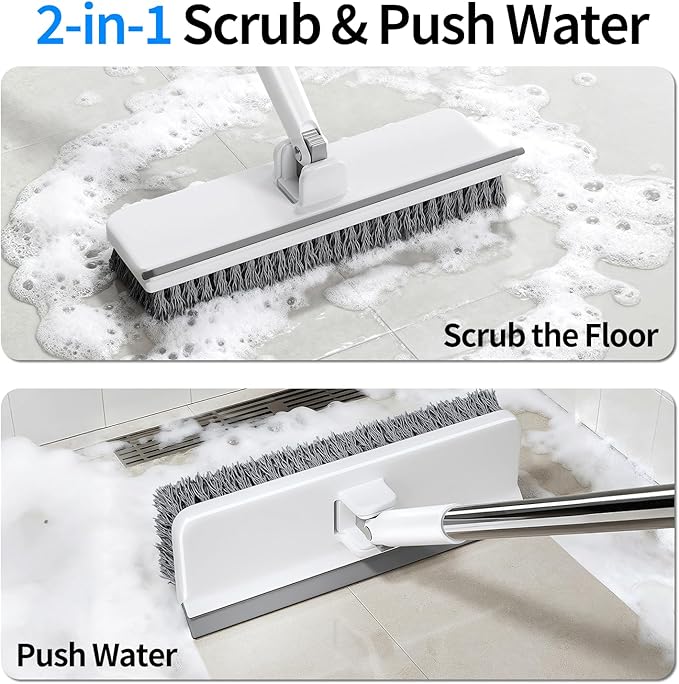 Floor Scrub Brush with 55" Long Handle, 2-in-1 Floor Brush with Built-in Squeegee, Adjustable Angle Head and Stiff Bristles for Tile, Wood, Concrete & Textured Floor Cleaning
