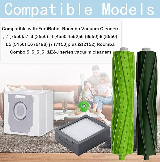 26 pack of replacement parts, Suitable for iRobot Roomba i3 i3+ i7 i7+ J7 J7+ i5 i5+ i4+ j5 j5+ i6 i8 E7 i&E&J series vacuum cleaner, 2 Set Rubber Brushes 8 filters, 8 edge brushes, 8 dust bags