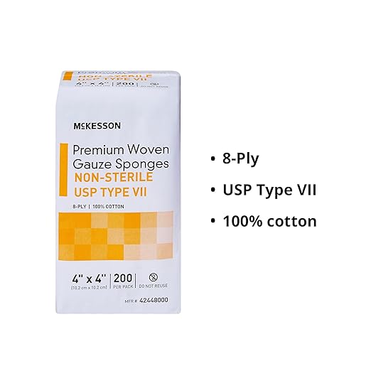 McKesson Premium Woven Gauze Sponges, Non-Sterile, 8-Ply, USP Type VII, 100% Cotton, 4 in x 4 in, 200 per Pack, 1 Pack