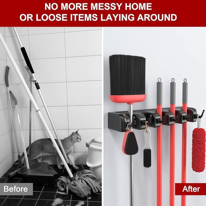 Broom Holder Wall Mount,Broom and Mop Organizer Wall Hanging,Broom Holder with Hooks and Slots for Home,Garage,Garden,Laundry,Kitchen