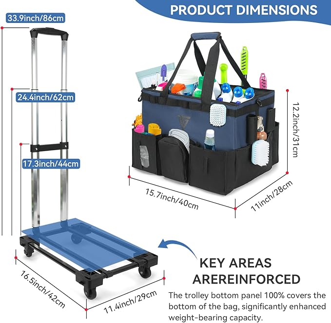 Professional Cleaning Kit - Durable Cleaning Caddy Bag with Black Apron and Trolley, Water-Resistant Organizer for Cleaning Supplies, Polyester Cleaning Bag for Housekeepers, (Dark Blue)