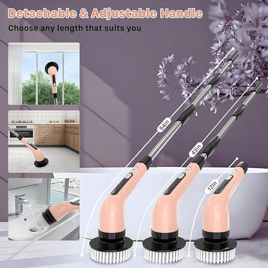 Electric Spin Scrubber, Cordless Cleaning Brush, Shower Scrubber with 7 Replaceable Brush, 2 Speeds and Adjustable Extension Handle for Bathroom Shower Bathtub Glass Car(Pink)