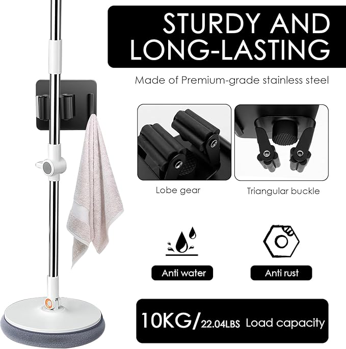 4 Pack Mop Broom Holder Wall Mounted, Stainless Steel Mop Broom Organizer with Hooks Hanger, No Drilling Self Adhesive Mop Handle Hanger for Kitchen Garage Office